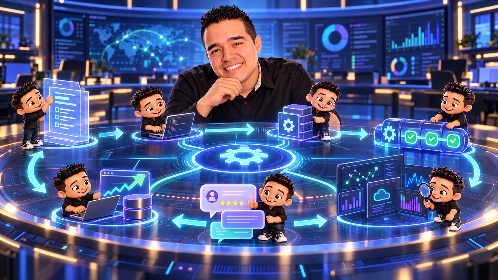Christian Fontalvo observando un sistema circular de calidad desde requisitos hasta producción con mini asistentes