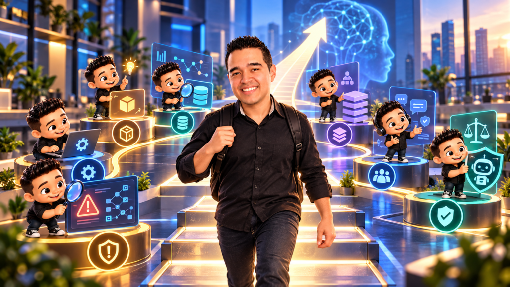 Christian Fontalvo avanzando por estaciones de habilidades de automatización, datos, riesgo, comunicación y gobernanza de IA